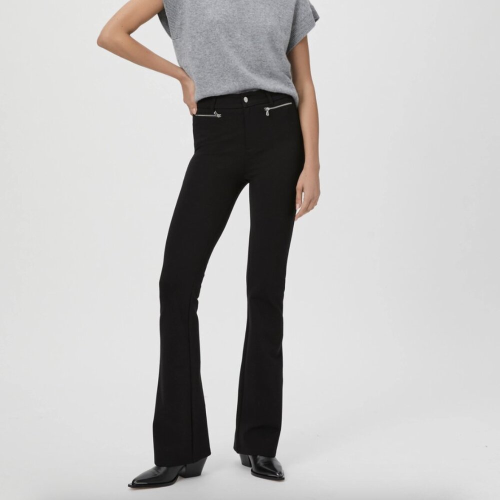 PAIGE HATTENA Soft Black Ponte Stretch Flare Leg Trouser Pants Front Zips 2 NWOT